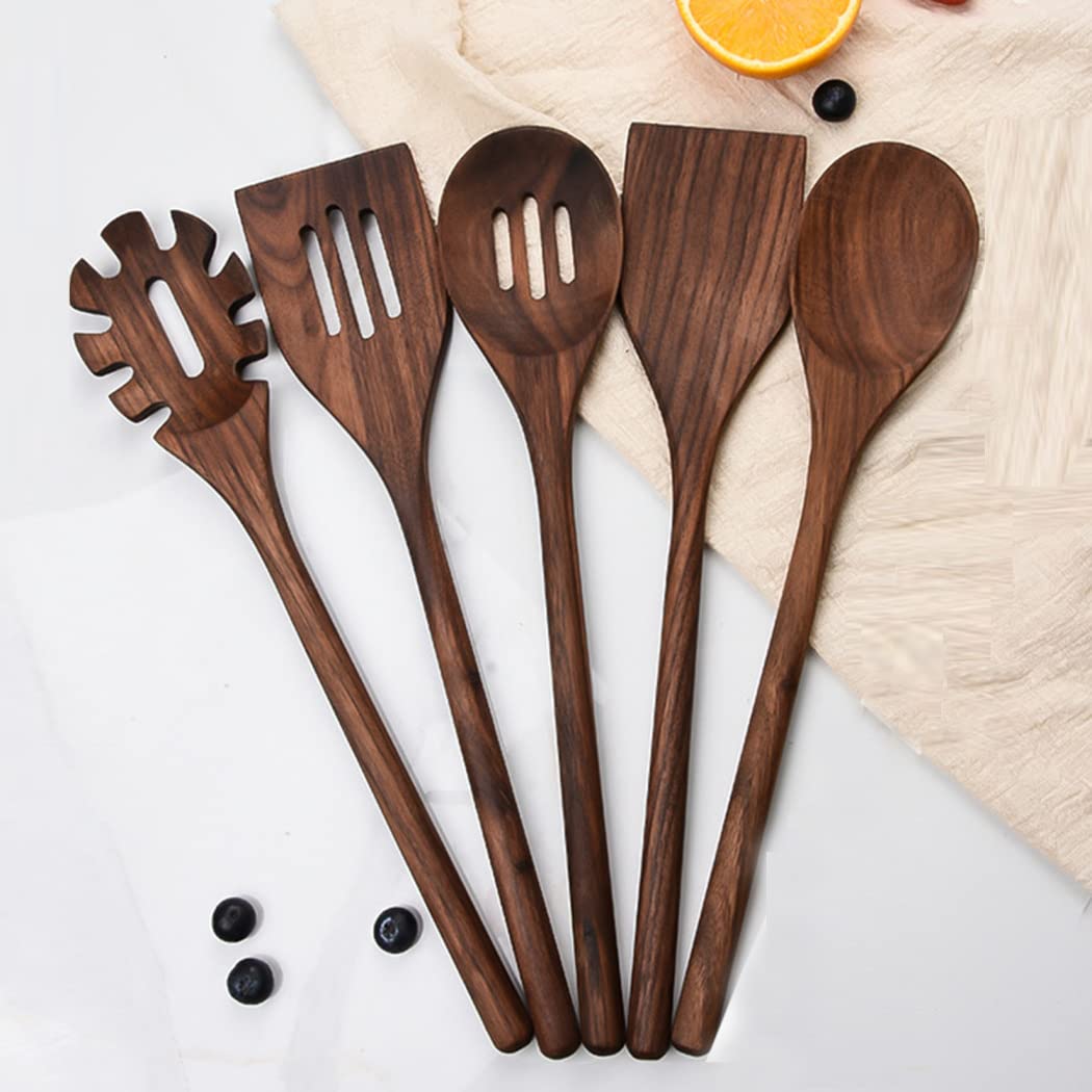Black Walnut Wooden Cooking Utensils Set, 5 PCS - Handmade Non-stick Spatula, Slotted Spatula, Solid Spoon, Slotted Spoon, Spaghetti Server