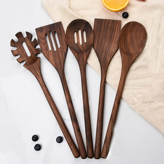 Black Walnut Wooden Cooking Utensils Set, 5 PCS - Handmade Non-stick Spatula, Slotted Spatula, Solid Spoon, Slotted Spoon, Spaghetti Server