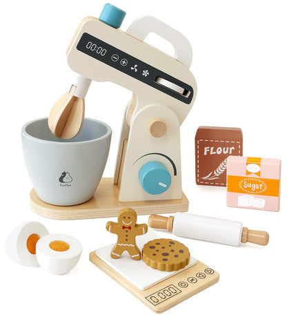 PairPear Play Food Stand Mixer, Wooden Toys Bake Cookies Playset, Multi-Function Play Kitchen Accessories for Kids Ages 3+