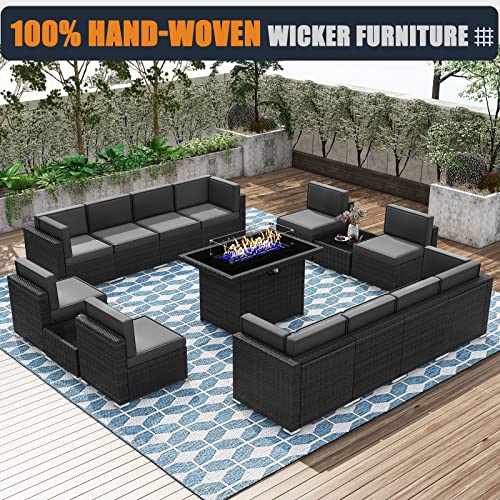 KHOLH Patio Furniture Set with Fire Pit Table, 15 Pieces Outdoor All-Weather Wicker Conversation Sectional Chair Sofa Set