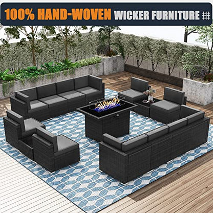 KHOLH Patio Furniture Set with Fire Pit Table, 15 Pieces Outdoor All-Weather Wicker Conversation Sectional Chair Sofa Set