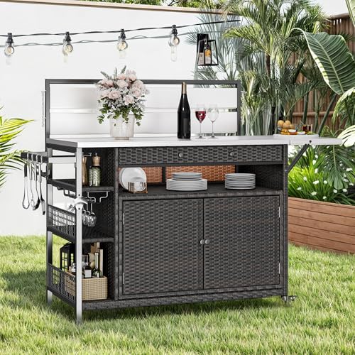 DWVO XL Outdoor Bar Table & Storage Cabinet, Wheels and Stainless Steel Extended Table Top, Patio Bar Table with Side Handle for Patio Kitchen or Bar Cart, Dark Brown