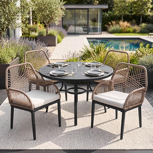 NUU GARDEN 5-Piece Outdoor Dining Set, Round Outdoor Table and Chairs for 4, All Weather Patio Furniture Set with Umbrella Hole, Handwoven Twisted Rattan Outdoor Chairs with Cushions, Brown and Black