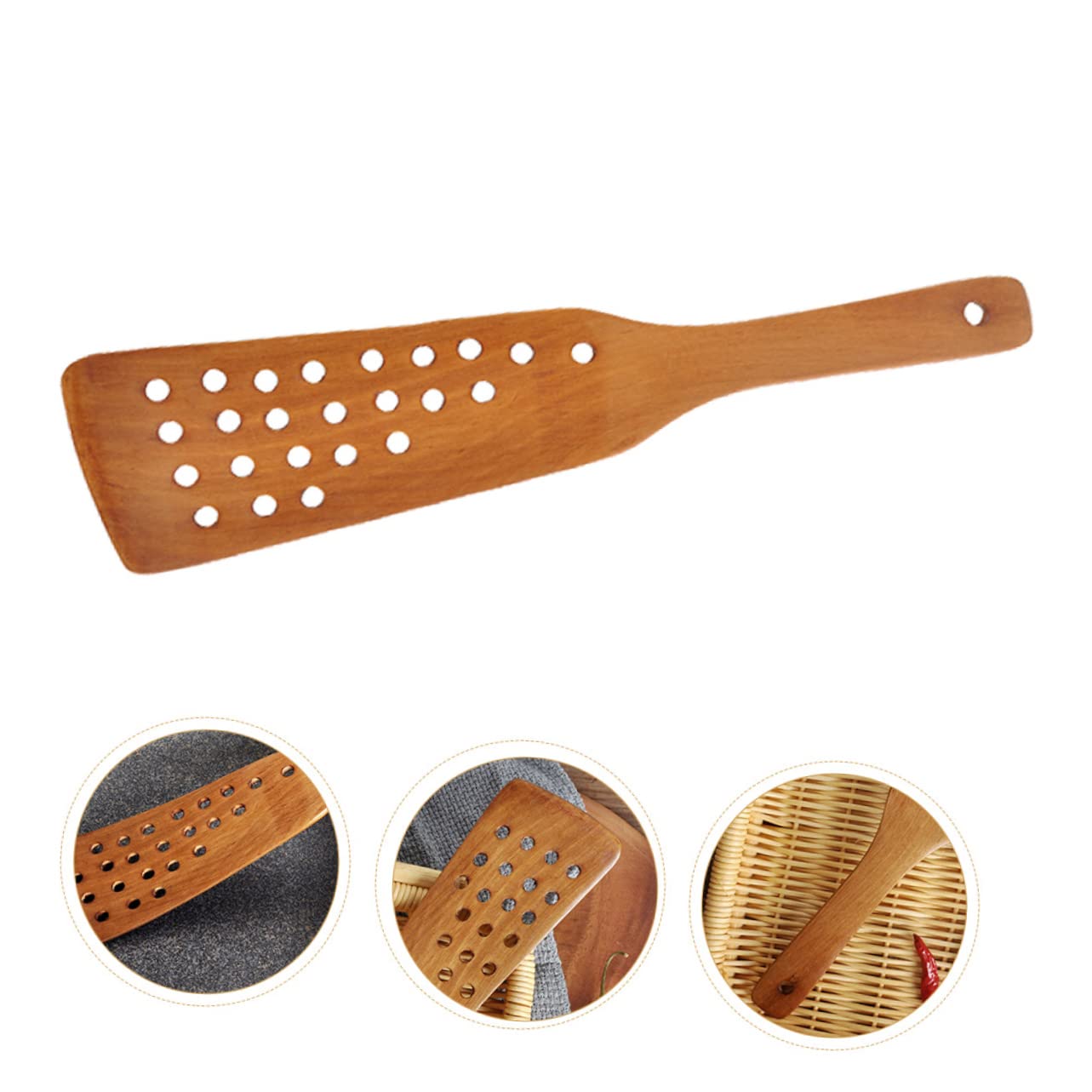 SHOWERORO 24 Hole Frying Spatula Wood Slotted Spatula Bread Stirring Stick with Hanging Hole Wooden Kitchen Stirring Tool for Sour