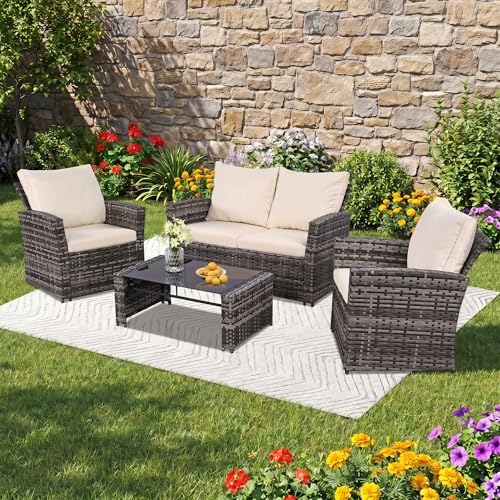 FHFO 4 Piece Patio Furniture Set, Outdoor Wicker Sectional Sofa Set