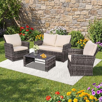 FHFO 4 Piece Patio Furniture Set, Outdoor Wicker Sectional Sofa Set