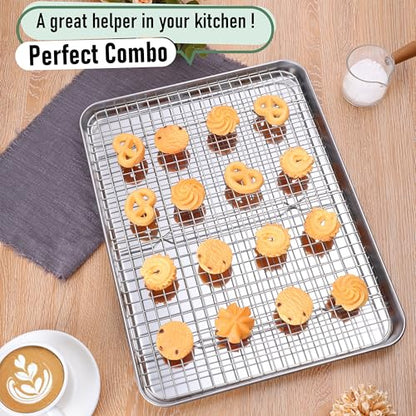 Homikit Baking Sheet with Wire Rack Set (1 Pan+1 Rack), 16" x 12" Stainless Steel Cookie Bacon Pan for Oven, Nonstick Jelly Roll Pan Baking Tray with Grid Cooling Rack for Cook Roast, Dishwasher Safe
