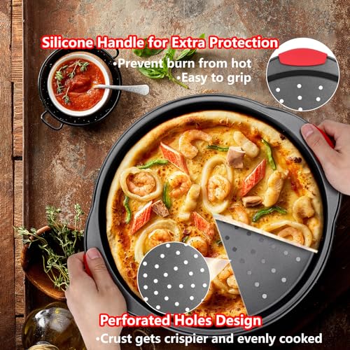 YIDAZLE Pizza Pan for Oven (2 PACK), Pizza Baking Trays with Pizza Cutter, Non-Stick Pizza Baking Pan with Perforated Holes and Silicone Handle, Oven & Dishwasher Safe Carbon Steel