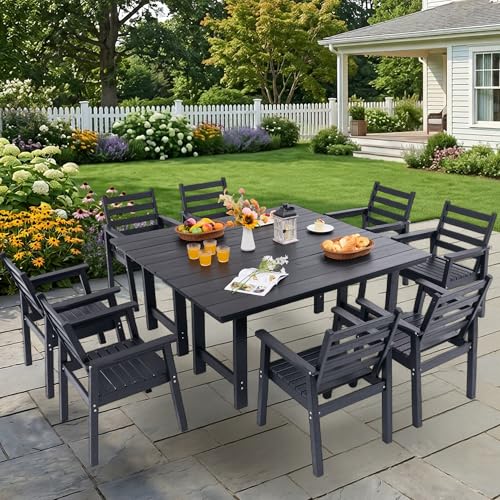 AZXZCS 10-Piece Outdoor Dining Set, All-Weather HDPE Patio Furniture, Two 66.5" Slatted Table with 1.6" Umbrella Hole & 8 Ergonomic Armchairs, Heavy Duty 350lbs Capacity, UV Resistant, Black