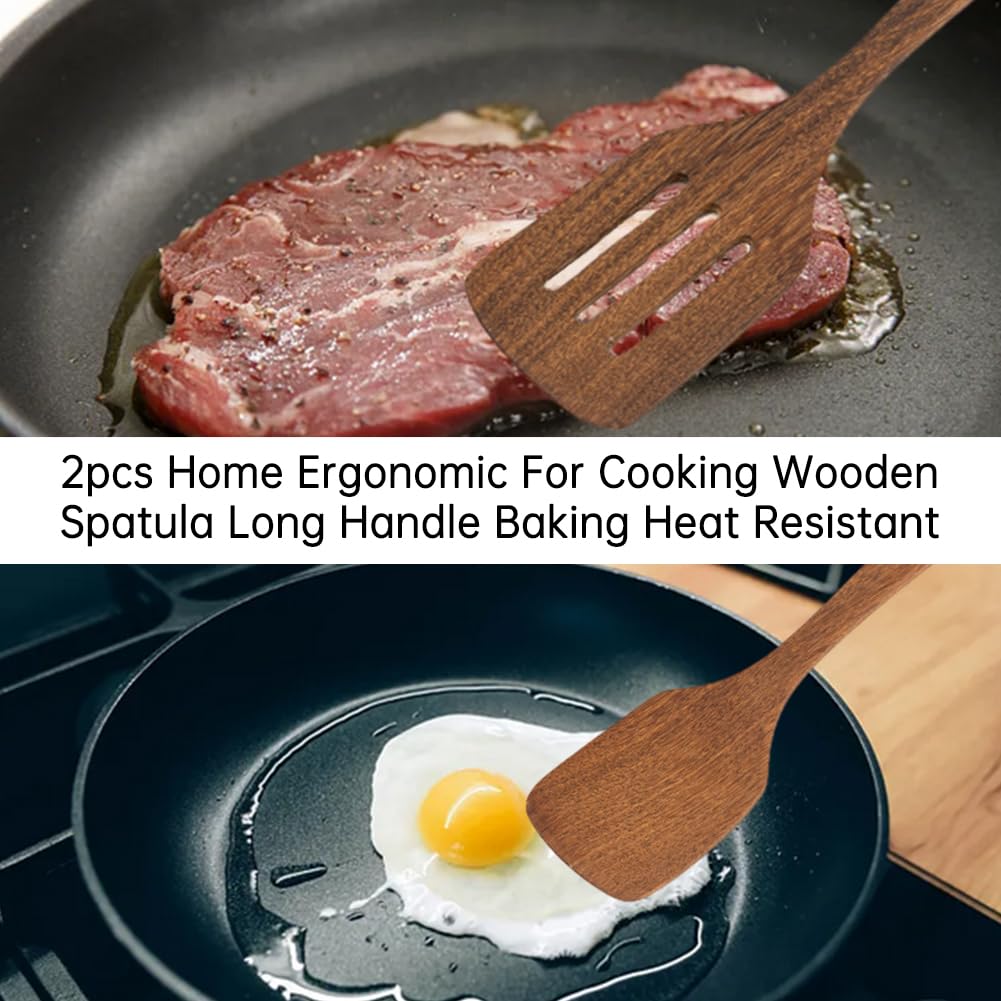 2pcs Wooden Spatula Wood Long Handle Flat Frying Turner Nonstick Flat Frying Spatulas Cooking Spurtle Utensils for kitchen use(COLOR:natural)