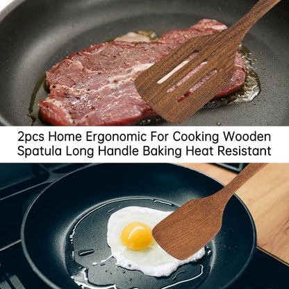 2pcs Wooden Spatula Wood Long Handle Flat Frying Turner Nonstick Flat Frying Spatulas Cooking Spurtle Utensils for kitchen use(COLOR:natural)