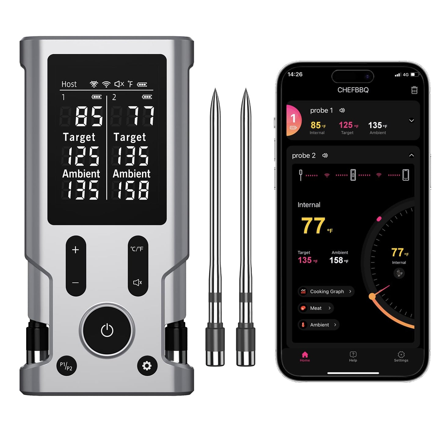 800FT Smart Wireless Meat Thermometer App Host Control, Bluetooth Digital Meat Thermometer for Barbecue, Outdoor Grilling, Oven & Smoker (Two*Probe-01)