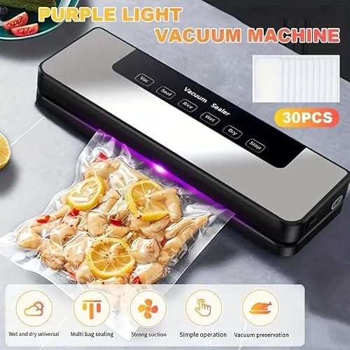 Food Storage Vacuum Sealer Machine, 30 Vacuum Seal Bags for Food, 75KPA Strong Suction, Dry/Wet 5 Modes, Digital Countdown Timer, Compact Lightweight, Ideal for Home Kitchen Use