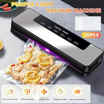 Food Storage Vacuum Sealer Machine, 30 Vacuum Seal Bags for Food, 75KPA Strong Suction, Dry/Wet 5 Modes, Digital Countdown Timer, Compact Lightweight, Ideal for Home Kitchen Use