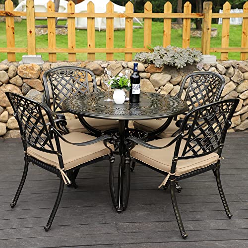 Sumshadow 5-Piece Cast Aluminum Outdoor Patio Dining Set, All Weather Cast Aluminum Outdoor Furniture Dining Set for Patio, Balcony, Lawn, Garden, Backyard w/4 Chairs and Cushions, 2.0" Umbrella Hole
