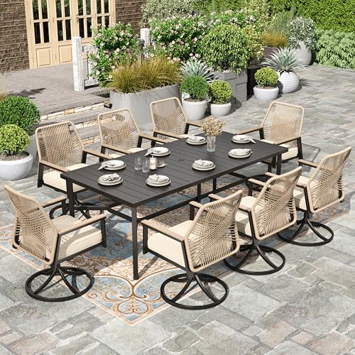 HERA'S HOUSE 9 Pieces Outdoor Dining Set, Patio Table and Chairs for 8, 8 x Cushioned Swivel Chairs and 1 x 83 Large Rectangle Dining Table, Outdoor Dining Table Set for Lawn Garden Porch