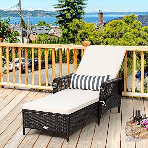 COSTWAY PE Rattan Chaise Lounge Chair, 6 Gear Adjustable Recliner with Armrest & Pillow, Wicker Outdoor Furniture for Deck, Patio (1, Brown)
