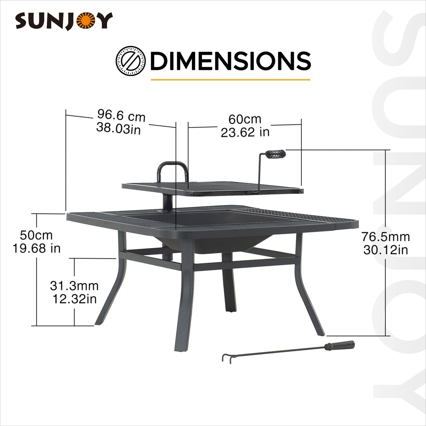 Sunjoy 38 in. Fire Pit for Outside, Square Wood Burning Firepit Large Steel Fire Pits with Adjustable Cooking Swivel BBQ Grill and Fire Poker Black