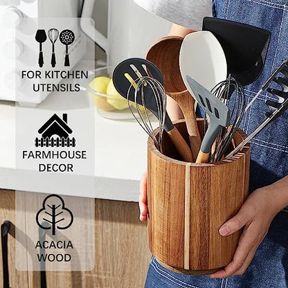 LOHONER Acacia Wood Utensil Holder for Kitchen Counter, 360° Rotating 7.2" Large Cooking Utensil Holder, Kitchen Utensil Storage Organizer for Countertops, Farmhouse Kitchen Decor