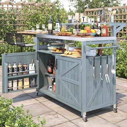Merax 53.3" Outdoor Kitchen Island with Raised Shelf, Solid Wood Storage Cabinet with Stainless Steel Top, Rolling Grill Cart, Adjustable Shelf, Grey Blue