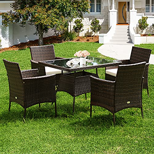 Tangkula 5 Pieces Wicker Patio Dining Set, Outdoor PE Rattan Chairs Table Set with 4 Seat Cushions, Patio Dining Furniture with Tempered Glass Tabletop, Suitable for Porch, Yard