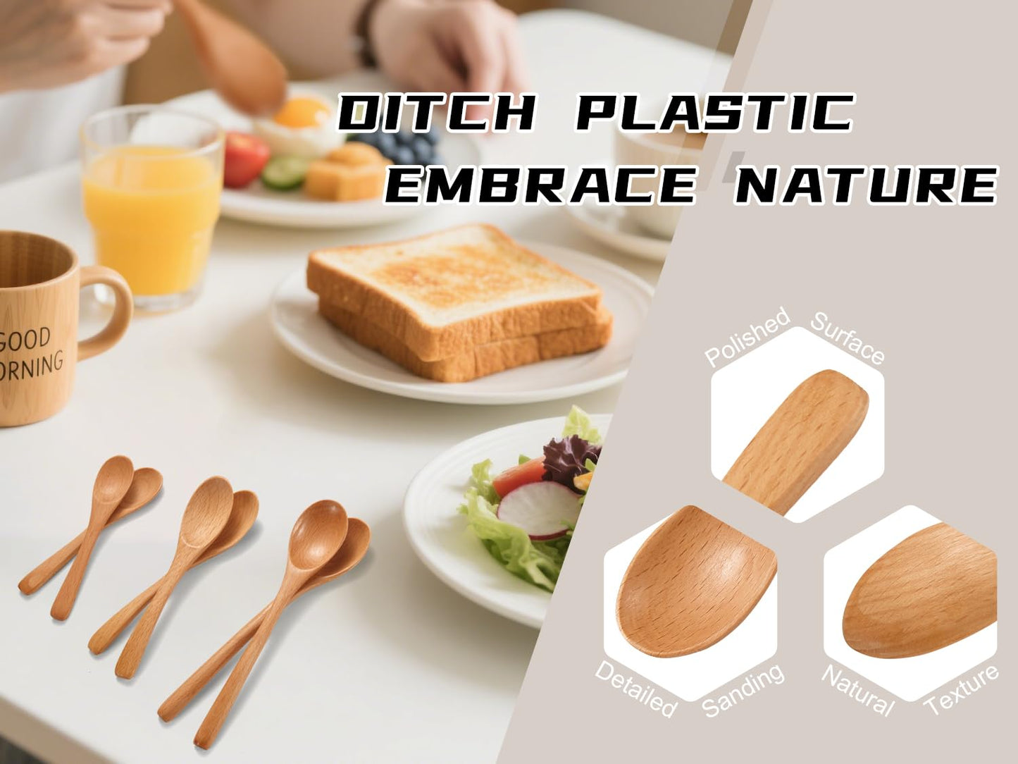 6 Piece Wooden Spoons Set - Premium Beech Wood Small Spoons in 3 Sizes (4.9", 5.9", 7.1") for Honey, Tea, Coffee, Multi-Purpose Mini Teaspoons Utensils for Ice Cream and Soup