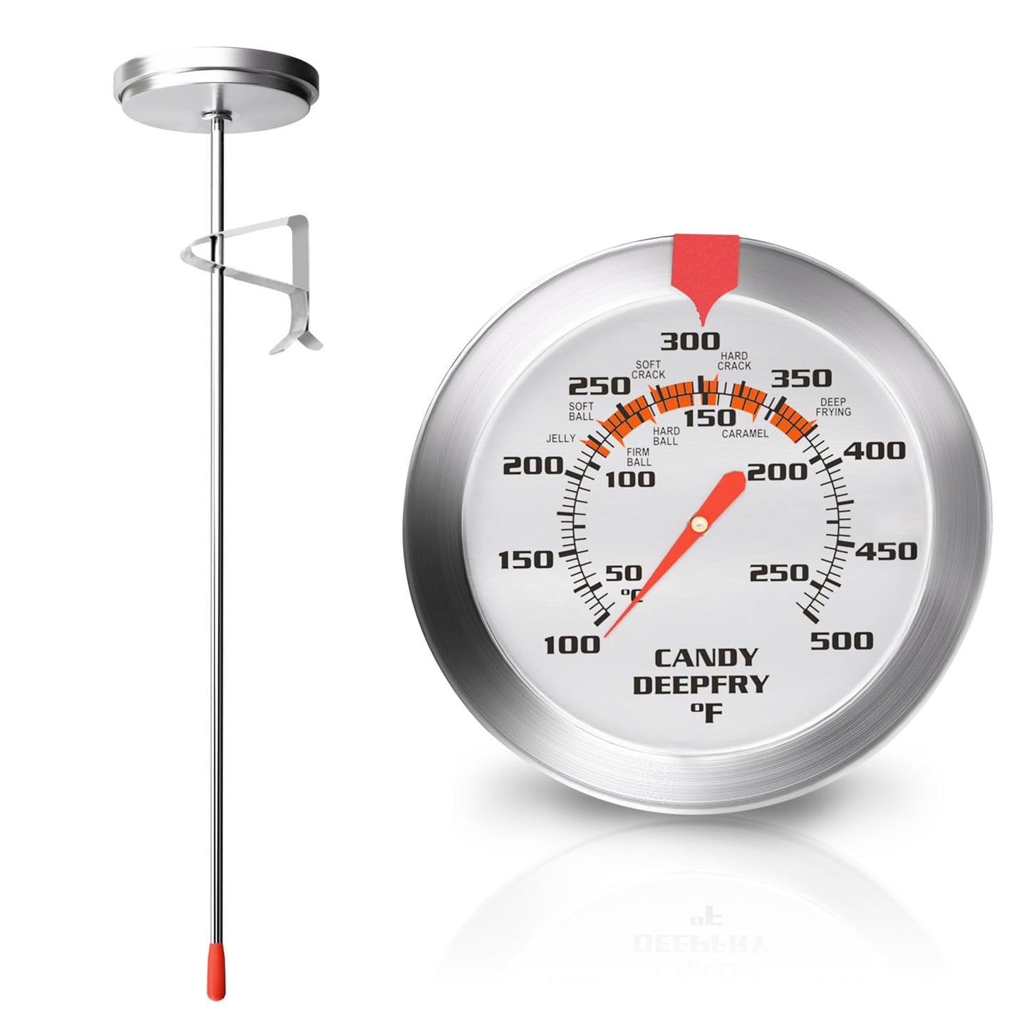 Stainless Steel Candy Thermometer with Pot Clip Deep Fry Oil Thermometer with 9" Long Probe & 2" Dial Accurate Temperature Reading for Cooking Candy Sugar Jelly Syrup Deep Frying Thermometer