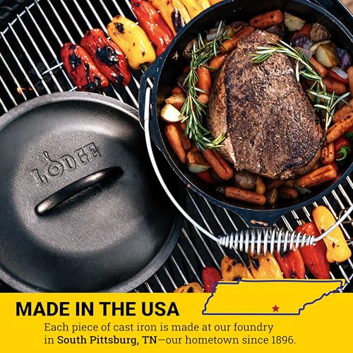 Lodge 9 Quart Pre-Seasoned Cast Iron Dutch Oven with Lid - Wire Bail Handle for Easy Transfer from Cooking Surface to Table - Use in the Oven, on the Stove, on the Grill or over the Campfire - Black