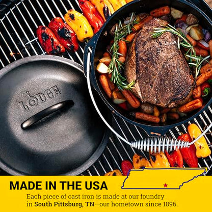 Lodge 9 Quart Pre-Seasoned Cast Iron Dutch Oven with Lid - Wire Bail Handle for Easy Transfer from Cooking Surface to Table - Use in the Oven, on the Stove, on the Grill or over the Campfire - Black