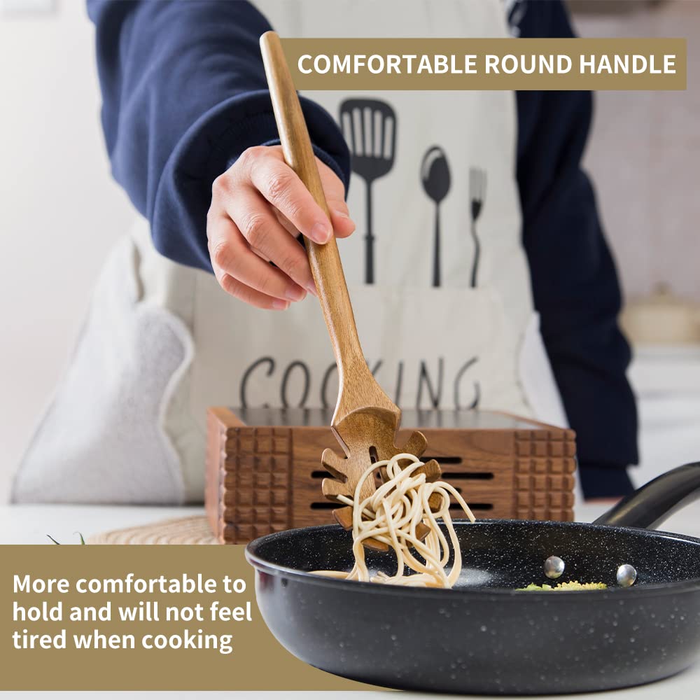 Exquisite Wooden Cooking Utensils For Kitchen, Set Of 5, 12 Inch Acacia Wood Kitchenware Tool Set, Cooking Gadgets Includes Spoon, Spoon Spatula, Spaghetti Spoon, Slotted Spoon, Shovel
