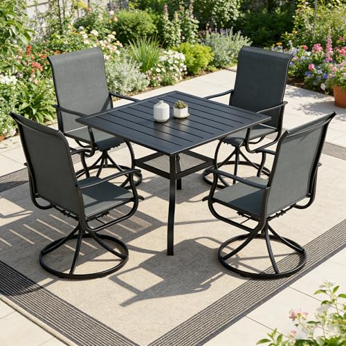 SUNCROWN 5-Piece Outdoor Patio Dining Set, All Weather Square Metal Table & 4 Dark Gray Swivel Textilene Mesh Chairs, Weather Resistant Patio Furniture for Deck Lawn Garden Backyard Poolside