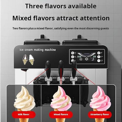 Commercial Ice Cream Machine,Soft Serve Ice Cream Machine Countertop, Soft Serve Machine with Built-in Puffing Pump, Dual Hopper&Pre-Cooling, Easy-Clean for Snack Dessert Shops (three-heads)