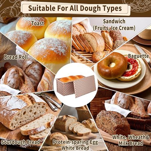 Lollicy 3 Pack Pullman Loaf Pan with Lids, Non-Stick Bread Loaf Pan, Heavy Duty Carbon Steel Corrugated Toast Box for Baking, Square Bread Pans for Homemade Sandwich, Bakeware (Rose Gold)