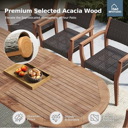 MFSTUDIO Teak Outdoor Dining Set for 8, Outdoor Wood Table and Chairs, 9 Pieces Outdoor Dining Table Set with Rattan Chairs, Wood Patio Dining Furniture Expandable Table for 8