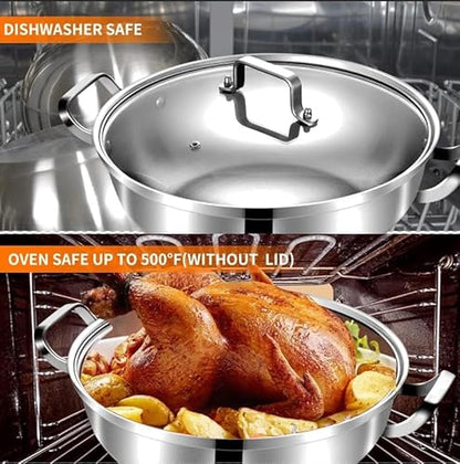 Delarlo Tri-Ply Stainless Steel 12 inch Everyday Pan with Glass Lid, Deep Saute Pan, Kitchen Everything Pan, High Side Chef's Pans, Induction Cooking Pot, Dishwasher Safe, 4QT Stock Pot Up To 600℉