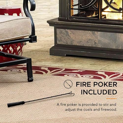 Sunjoy Outdoor Fireplace, Stone Look Tile Patio Wood Burning Steel Fireplace with Chimney, Spark Screen, Fire Poker, Rain Cover, and Removable Grate, Copper with Gray Tile