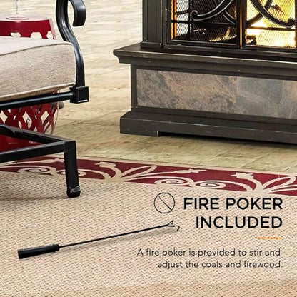 Sunjoy Outdoor Fireplace, Stone Look Tile Patio Wood Burning Steel Fireplace with Chimney, Spark Screen, Fire Poker, Rain Cover, and Removable Grate, Copper with Gray Tile