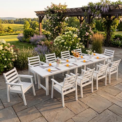 AZXZCS 12-Piece Outdoor Dining Set, All-Weather HDPE Patio Furniture, Two 66.5" Slatted Table with 1.6" Umbrella Hole & 10 Ergonomic Armchairs, Heavy Duty 350lbs Capacity, UV Resistant, White