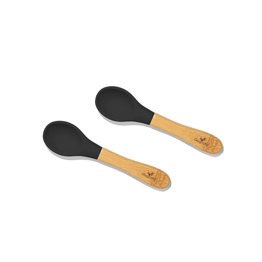 Avanchy Baby Spoons Bamboo and Silicone Set, Self Feeding Food Utensils, 4 Months Baby Led Weaning, 2 Pack Black