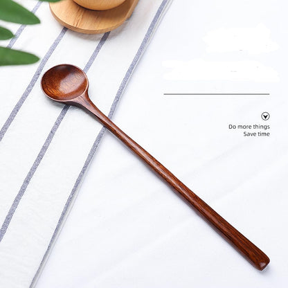 Long Soup Spoons, 1 Pieces Korean Style 11 Inches 100% Natural Wood Long Handle Round Spoons for Soup Mixing Stirrer Kitchen Tools Utensils