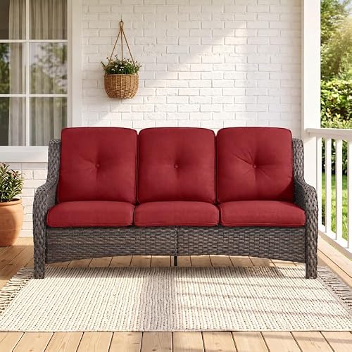 Rilyson Outdoor Patio Wicker Sofa 900Lbs Weight Capacity, Large 3 Seater Wicker Patio Couch with 4in Seat Cushions and Deep Seating, All Weather for Backyard, Garden, Poolside (Brown/Red)