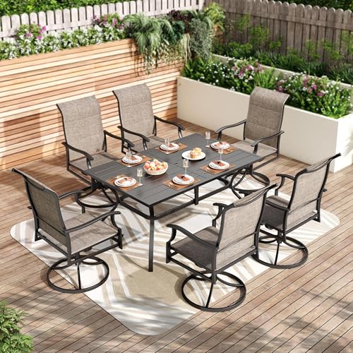 PHI VILLA 7 PCS Patio Dining Set, Outdoor Table & Chairs Set with Large Metal Table & 6 High Back Padded Outdoor Swivel Armerest Chairs, Patio Dining Furniture Set for Patio, Lawn, Garden, Porch