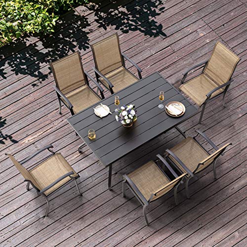 NUU GARDEN 7 Pieces Patio Dining Set, All-Weather Outdoor Furniture with 6 Textilene Dining Chairs and 61" Rectangle Metal Dining Table with Umbrella Hole for Patio Deck Garden, Black and Brown
