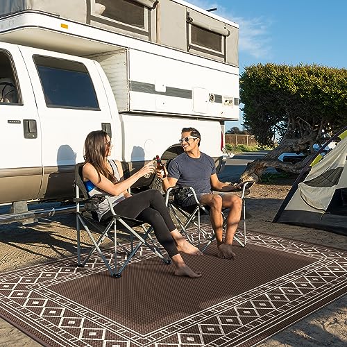 GENIMO Outdoor Rug Waterproof for Patio Decor, 5'x8' Reversible Plastic Straw Rug Carpet, Camping Mat for Outdoor, RV, Backyard, Deck, Balcony, Picnic, Beach, Coffee & Beige