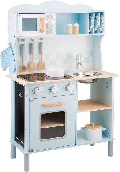 New Classic Toys Blue Wooden Pretend Play Toy Kitchen for Kids with Role Play Bon Appetit Electric Cooking Included Accesoires Makes Sound