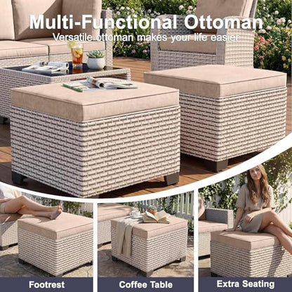 SnugVista Patio Furniture Set, 10-Piece Outdoor Sectional Sofa with 60,000 BTU Fire Pit Table & Ottomans, Wicker Patio Conversation Set with Coffee Table, Khaki Cushions