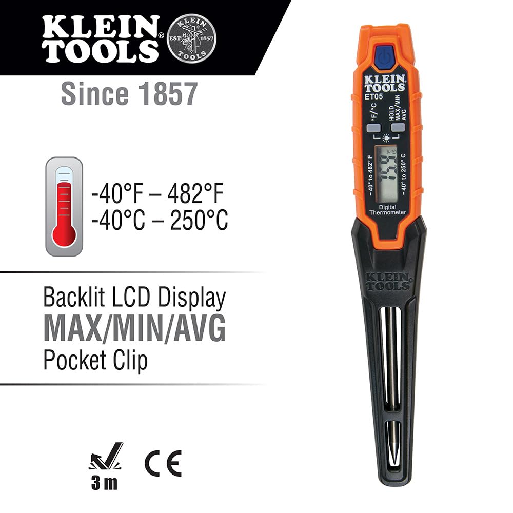 Klein Tools ET05 Digital Pocket Thermometer, HVAC Instant Read Thermometer with Backlit Display, Wide Measurement Range, Fahrenheit and Celsius