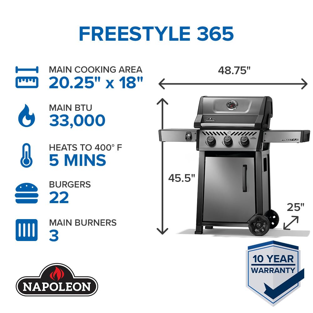 Napoleon Freestyle 365 Natural Gas Outdoor Grill, Graphite Grey – 3-Burner BBQ with Stainless Steel Cooking Grates