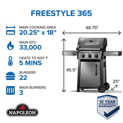 Napoleon Freestyle 365 Natural Gas Outdoor Grill, Graphite Grey – 3-Burner BBQ with Stainless Steel Cooking Grates
