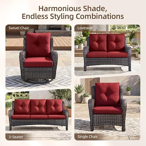 Rilyson Outdoor Patio Wicker Sofa 900Lbs Weight Capacity, Large 3 Seater Wicker Patio Couch with 4in Seat Cushions and Deep Seating, All Weather for Backyard, Garden, Poolside (Brown/Red)